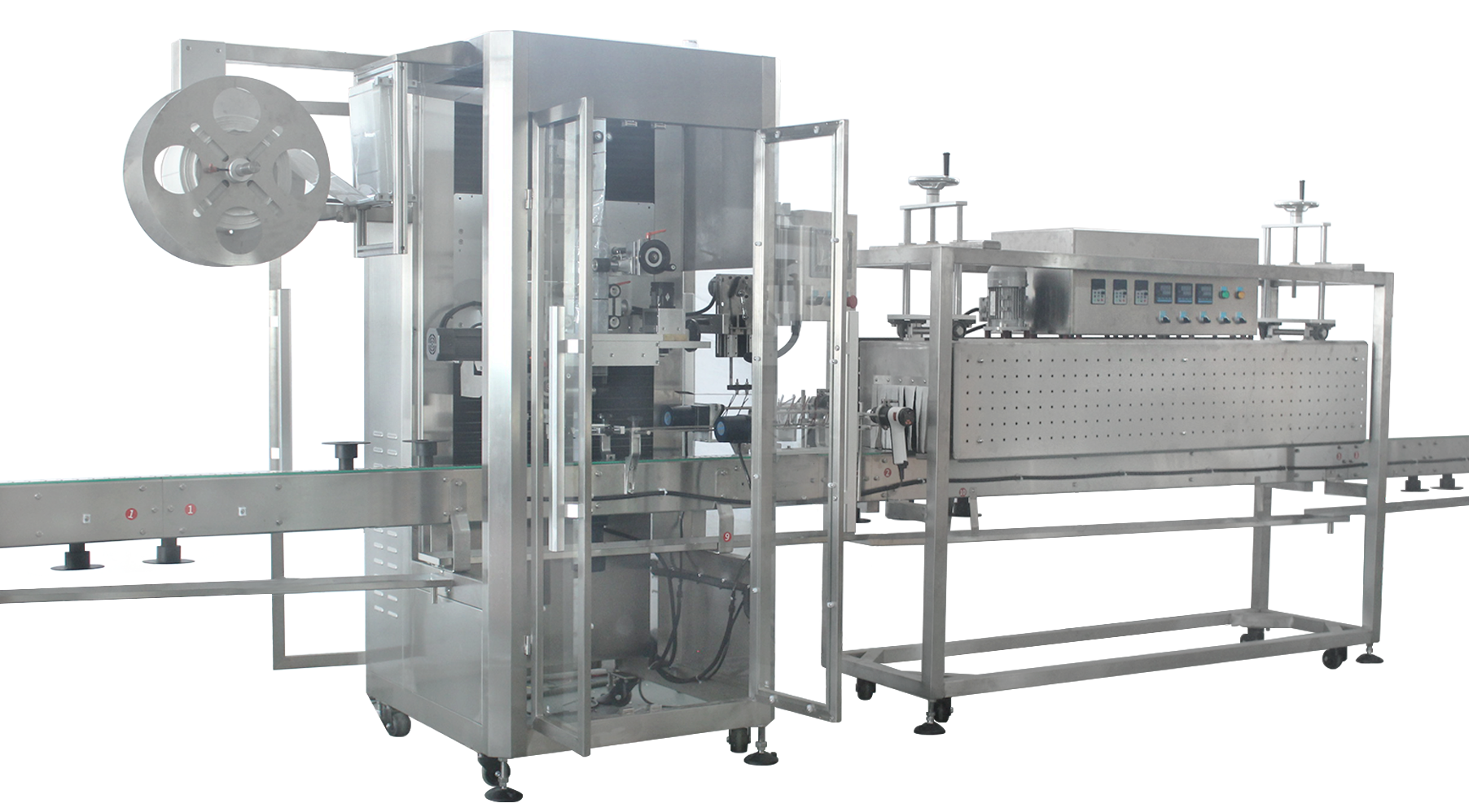 Automatic shrink sleeve and sticker labeling equipment for bottles and containers