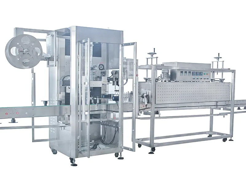 Automatic shrink sleeve and sticker labeling equipment for bottles and containers